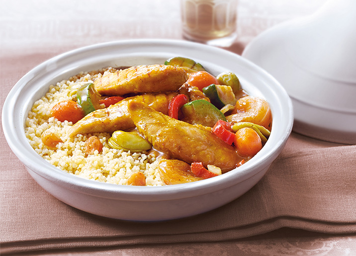 Tajine de poulet aux abricots, semoule aux raisins surgelé, gamme Pains