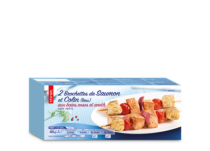 2 Brochettes saumon/colin lieu baies roses-aneth