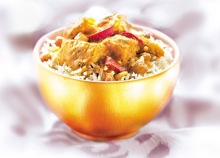 Poulet madras et riz basmati aux raisins