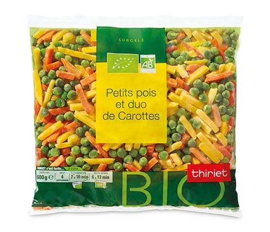 Petits pois et duo de carottes biologiques