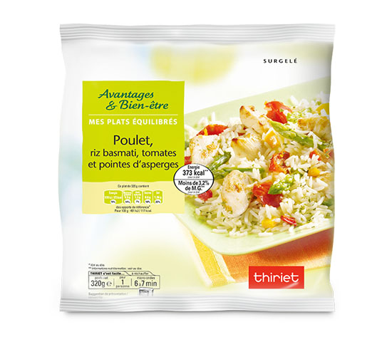 Poulet, riz basmati, tomates et pointes d'asperges