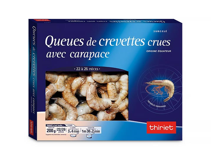 Queues de crevettes crues avec carapace