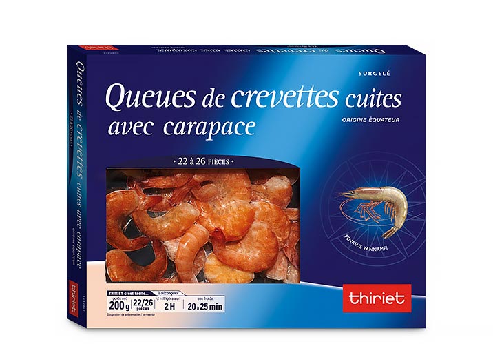 Queues de crevettes cuites avec carapace
