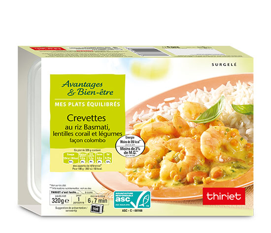 Crevettes au riz basmati, lentilles corail/légumes