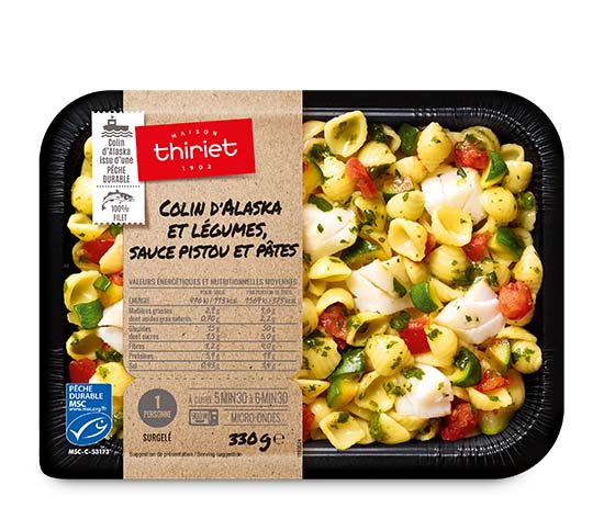 Colin d'Alaska et légumes, sauce pistou et pâtes
