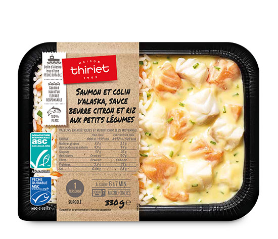 Saumon et colin d'Alaska, riz et petits légumes