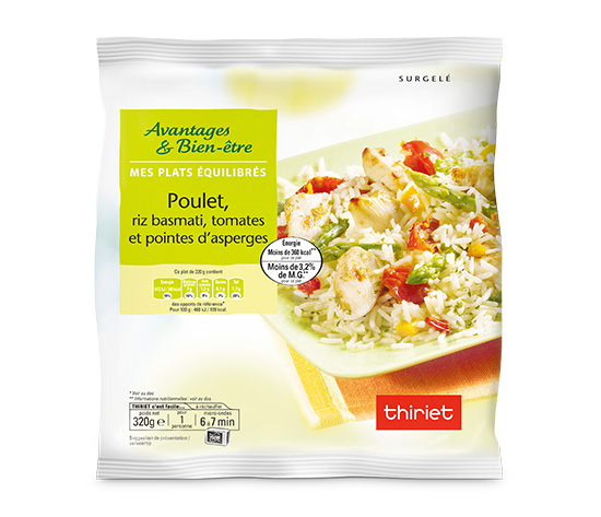 Poulet, riz basmati, tomates et pointes d'asperges