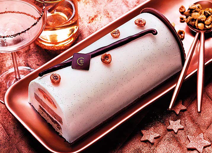 Bûche pâtissière vanille - caramel - praliné