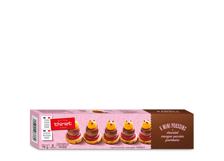 6 Mini poussins chocolat, mangue passion, framboise