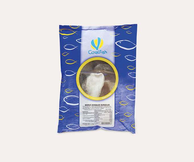 Morue dessalée avec peau coupée en portions