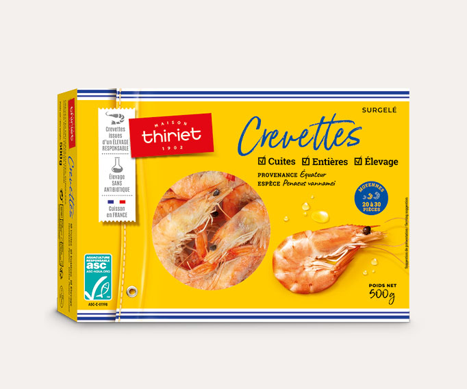 Crevettes entières cuites surgelé, gamme Poissons, fruits de mer sur