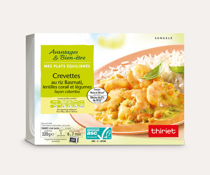 Crevettes au riz basmati, lentilles corail/légumes