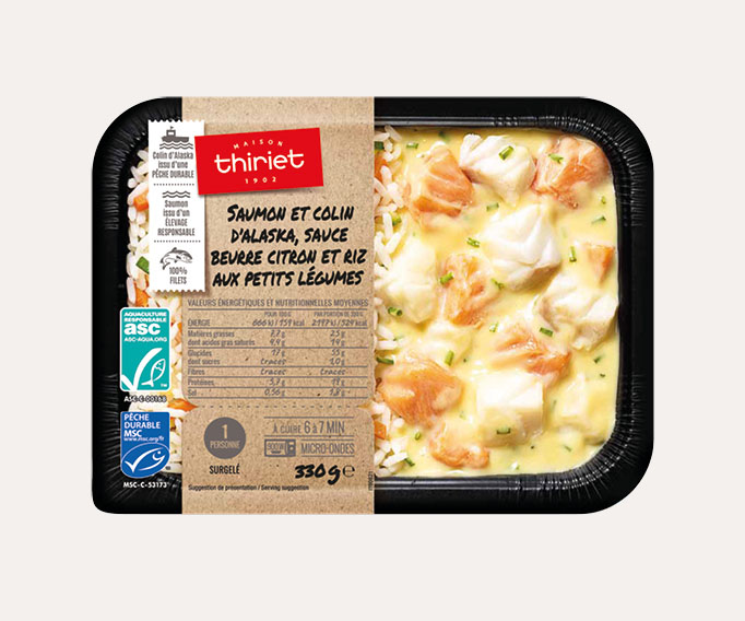 Saumon et colin d'Alaska, riz et petits légumes