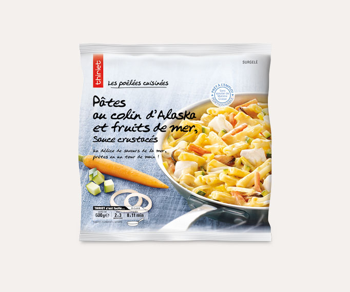 Pâtes colin d’Alaska et f. de mer, sauce crustacés