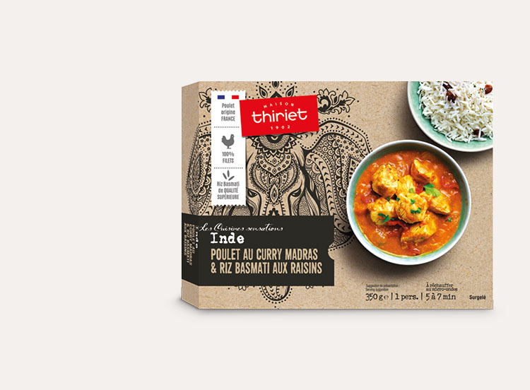 Poulet au curry madras et riz basmati aux raisins surgelé, gamme Cuisines ailleurs sur Thiriet
