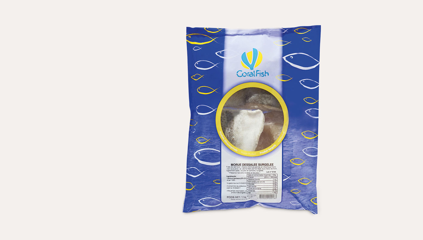 Morue dessalée avec peau coupée en portions