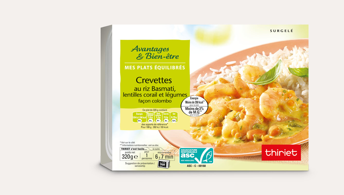 Crevettes au riz basmati, lentilles corail/légumes