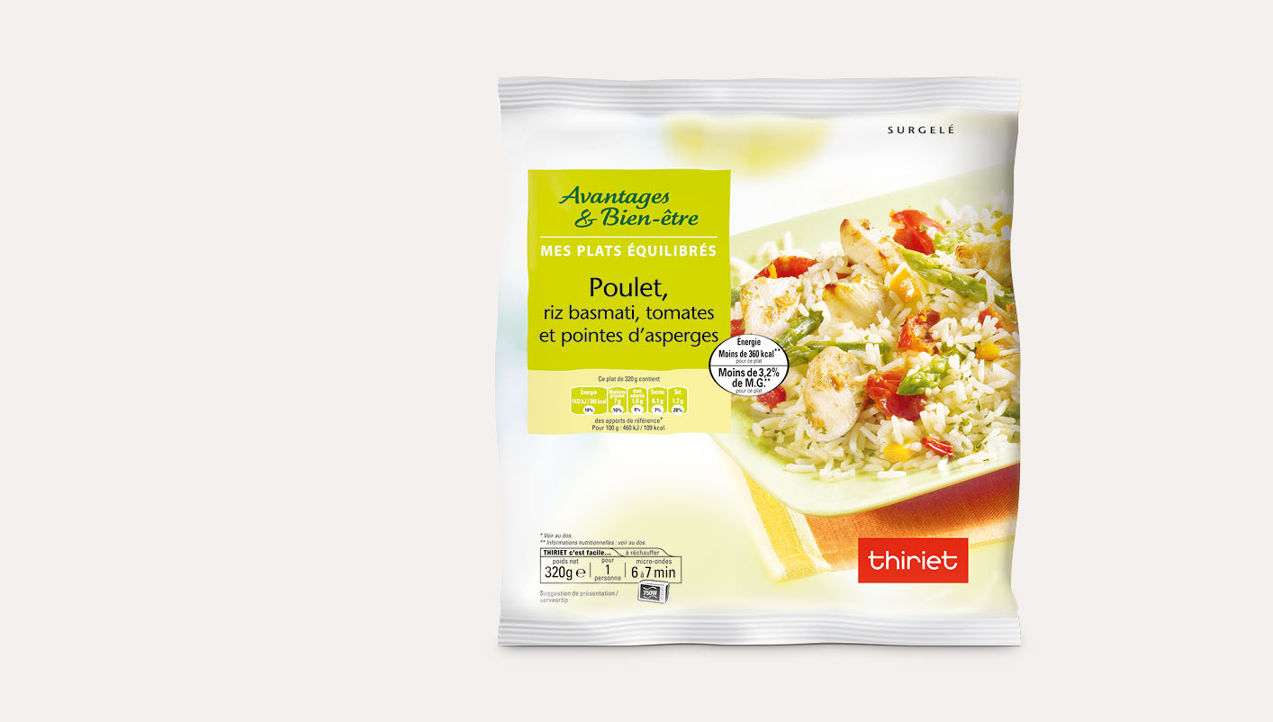 Poulet, riz basmati, tomates et pointes d'asperges