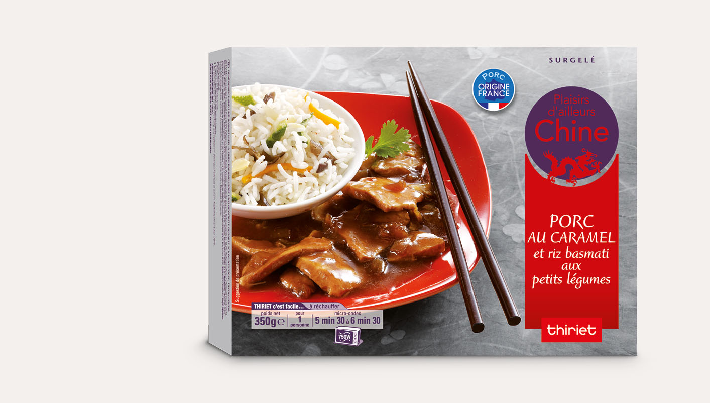 Porc au caramel et riz basmati aux petits légumes