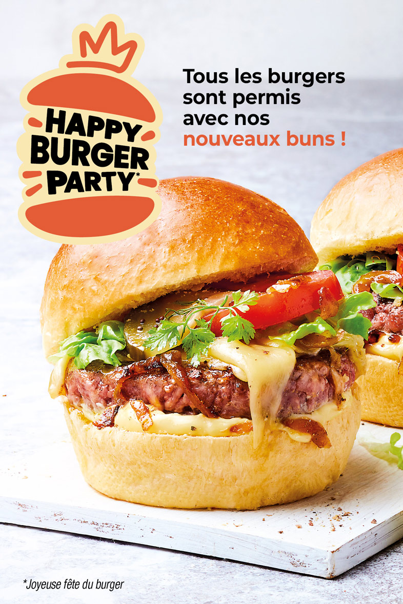 Découvrez nos idées de burgers avec nos nouveaux buns : bœuf, poulet pané, veggie, poisson et poulet