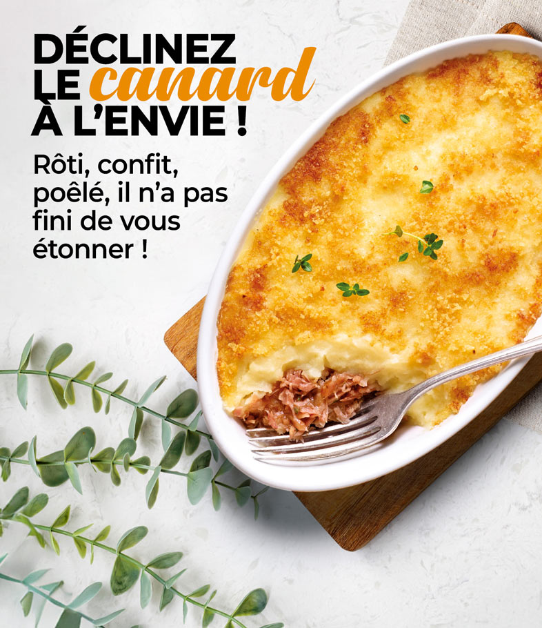 Explorez notre gamme de plats à base de canard, préparés avec des ingrédients de qualité pour une expérience culinaire exceptionnelle : parmentier, pâtés, foie gras, confit, magret.