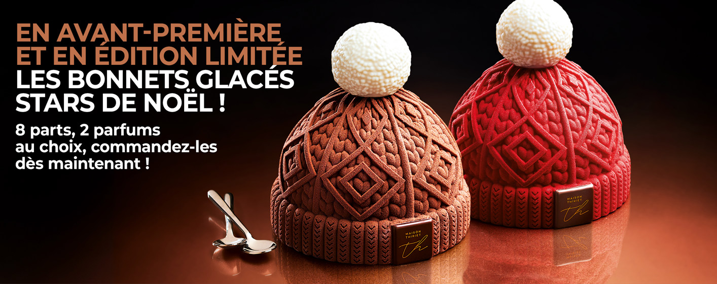 En avant-première et en édition limitée, les bonnets glacés, stars de Noël à partager. 8 parts et 2 parfums au choix :  vanille, chocolat au lait et macadamia ou mascarpone, fruits exotiques et rouges.