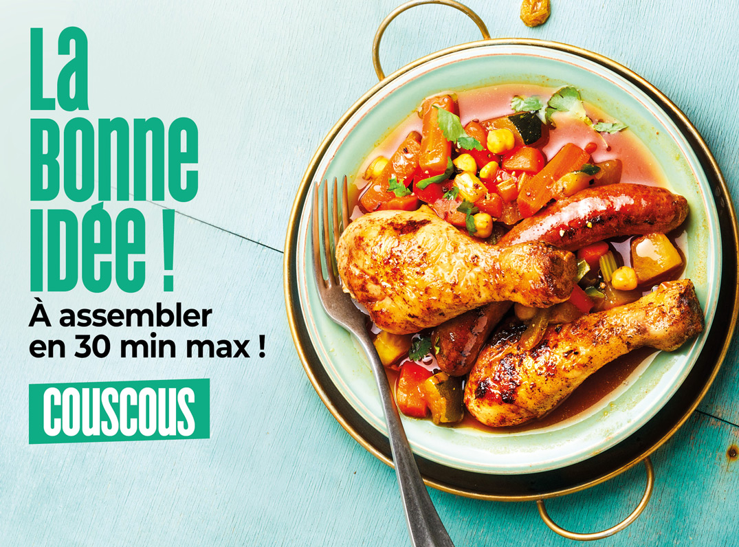 Découvrez la bonne idée recette de la Maison Thiriet : un couscous aux légumes, poulet et merguez, prêt en moins de 30 minutes