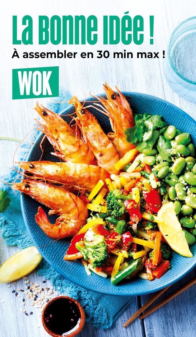 Découvrez la bonne idée recette de la Maison Thiriet : un wok de gambas aux légumes sautés, prêt en moins de 30 minutes
