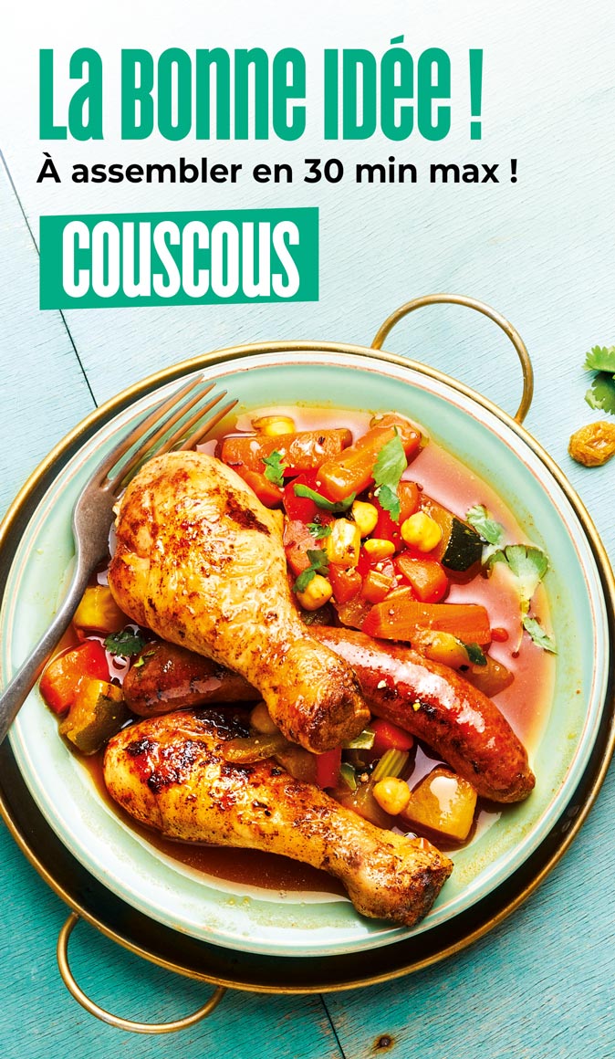 Découvrez la bonne idée recette de la Maison Thiriet : un couscous aux légumes, poulet et merguez, prêt en moins de 30 minutes
