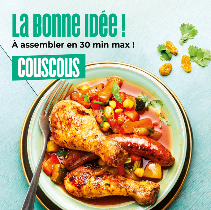 Découvrez la bonne idée recette de la Maison Thiriet : un couscous aux légumes, poulet et merguez, prêt en moins de 30 minutes