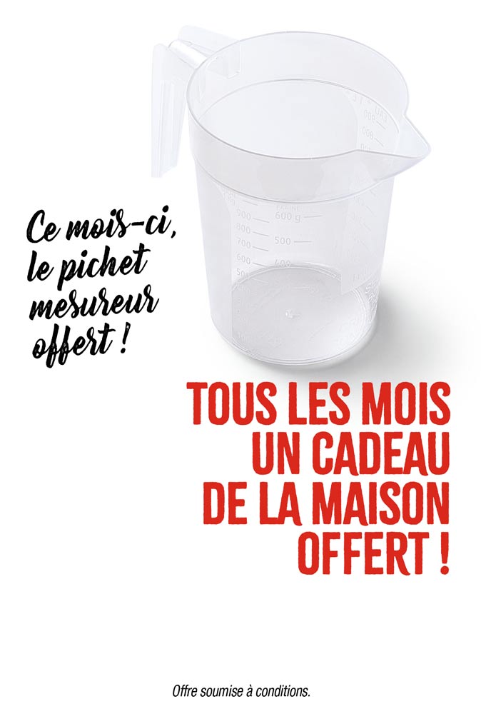 Profitez d'un cadeau de la Maison Thiriet, ce mois-ci un pichet mesureur offert dès 80€ d'achat en livraison à domicile