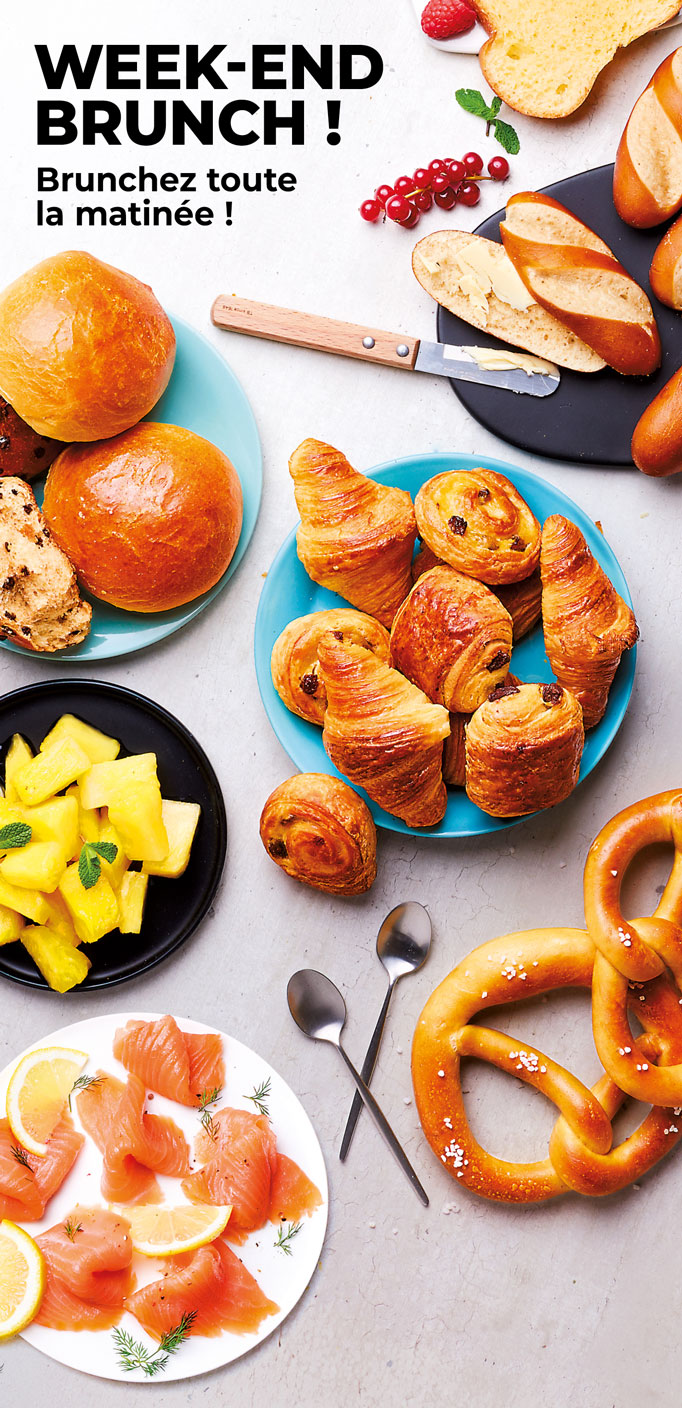 Réussissez vos brunchs du dimanche avec notre sélection sucrée et salée : brioche, viennoiserie, fruit, quiche, saumon fumé, etc.