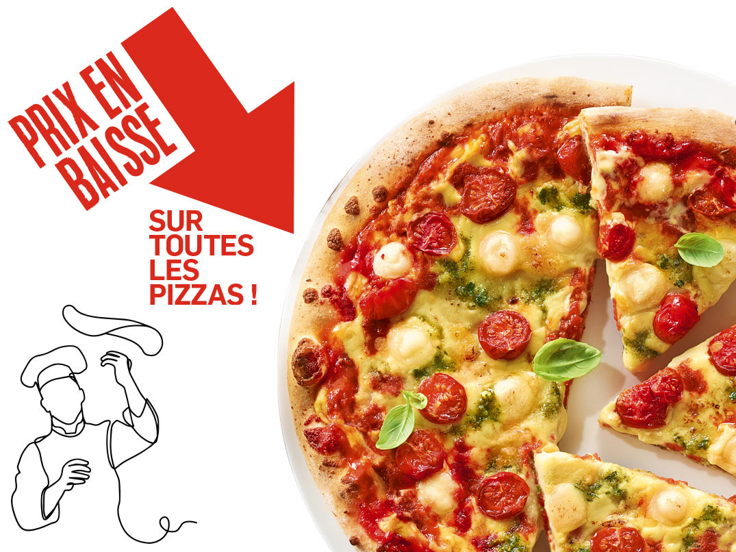 Profitez de la baisse de prix sur toutes les pizzas : margherita, royale, 4 fromages, pepperoni et bien d’autres saveurs gourmandes !