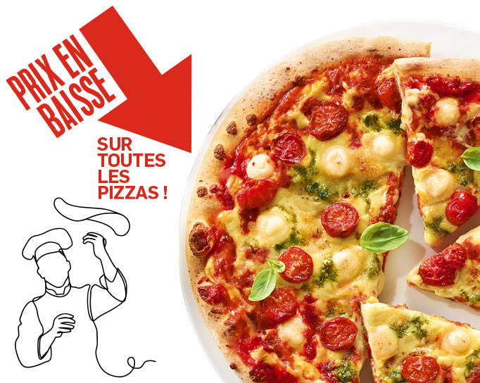 Profitez de la baisse de prix sur toutes les pizzas : margherita, royale, 4 fromages, pepperoni et bien d’autres saveurs gourmandes !