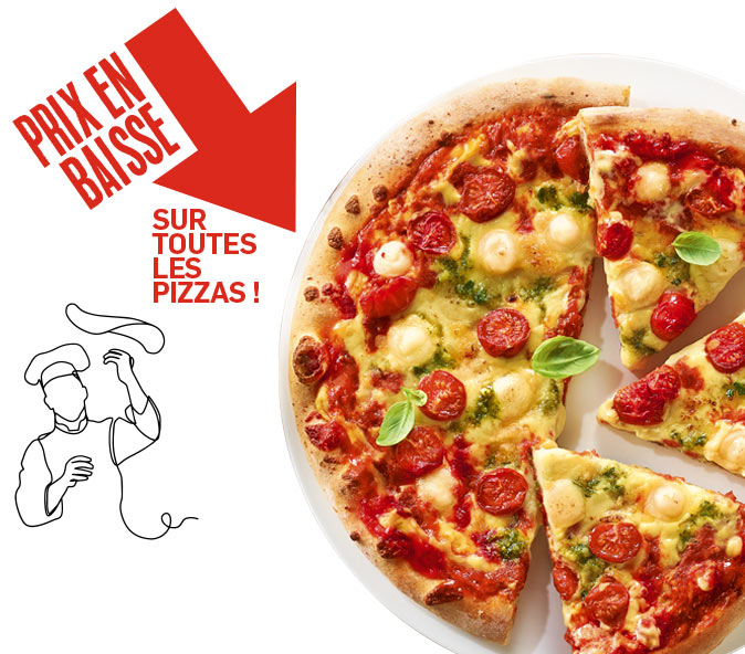 Profitez de la baisse de prix sur toutes les pizzas : margherita, royale, 4 fromages, pepperoni et bien d’autres saveurs gourmandes !