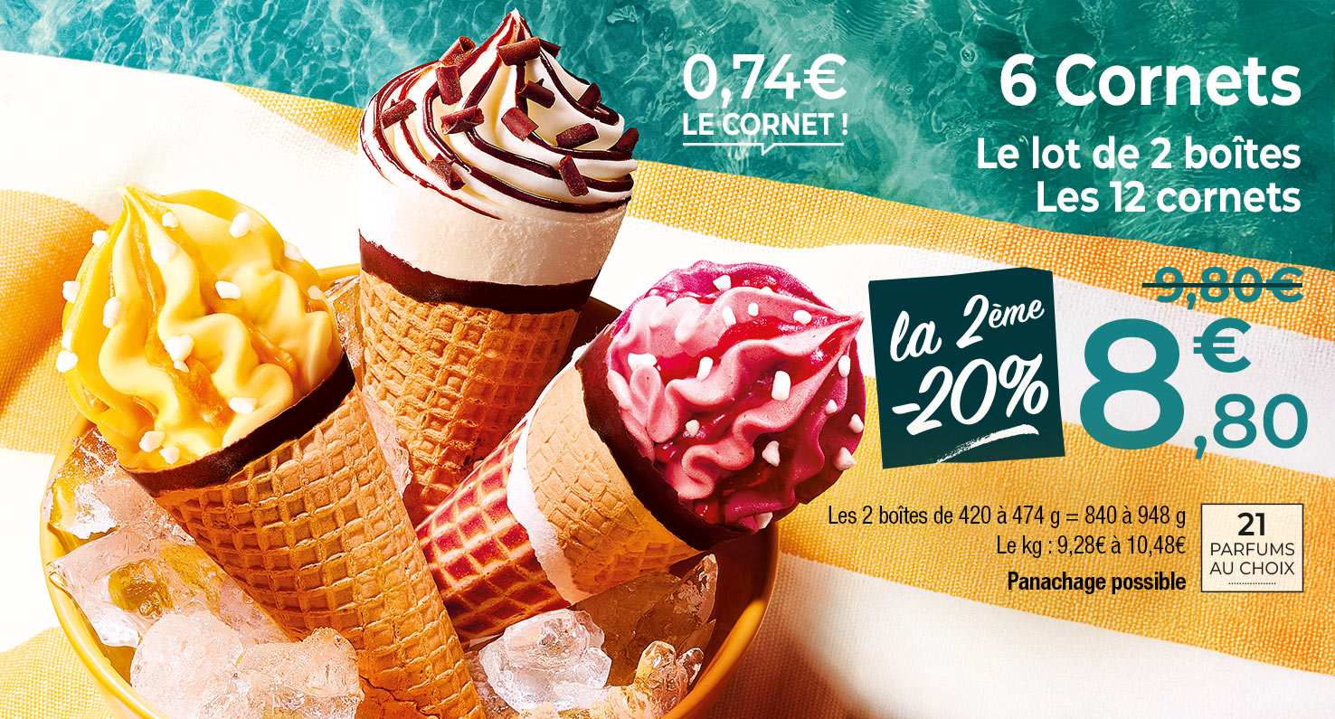 Amateurs de plaisirs glacés, profitez de nos offres du moment et craquez pour nos cornets gourmands : vanille, chocolat, caramel, pistache et bien d’autres saveurs