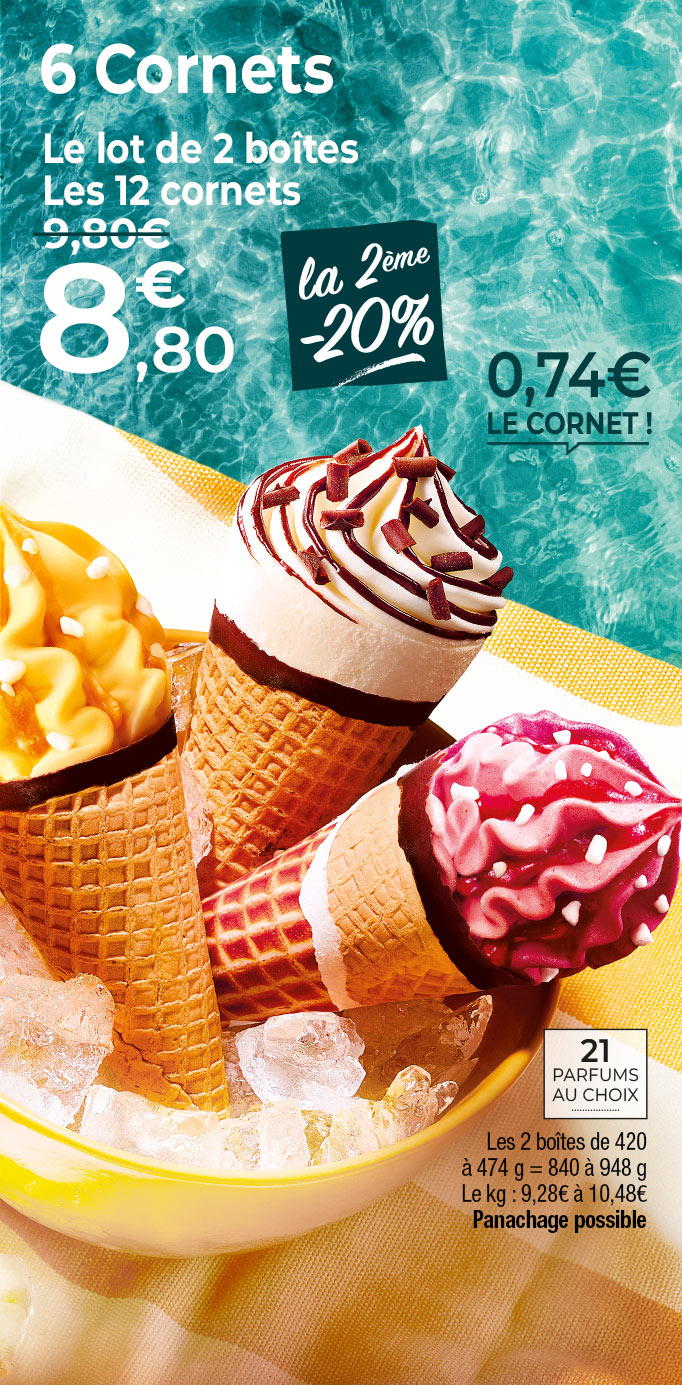 Amateurs de plaisirs glacés, profitez de nos offres du moment et craquez pour nos cornets gourmands : vanille, chocolat, caramel, pistache et bien d’autres saveurs