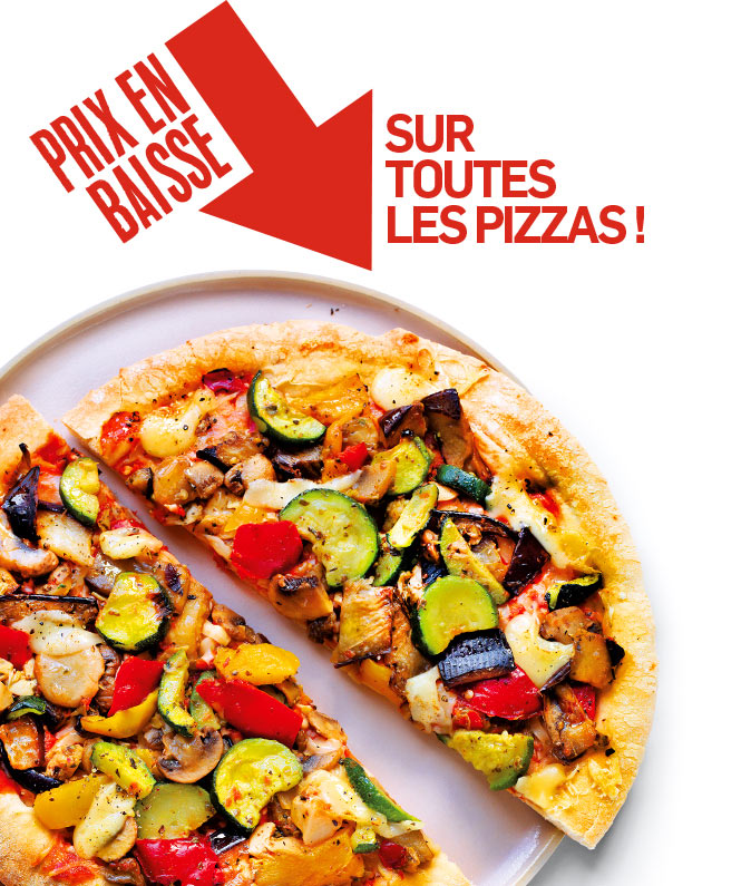 Profitez de la baisse de prix sur toutes les pizzas : margherita, royale, 4 fromages, pepperoni et bien d’autres saveurs gourmandes !