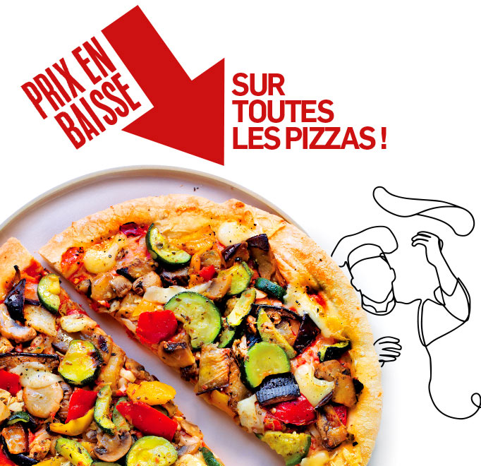 Profitez de la baisse de prix sur toutes les pizzas : margherita, royale, 4 fromages, pepperoni et bien d’autres saveurs gourmandes !