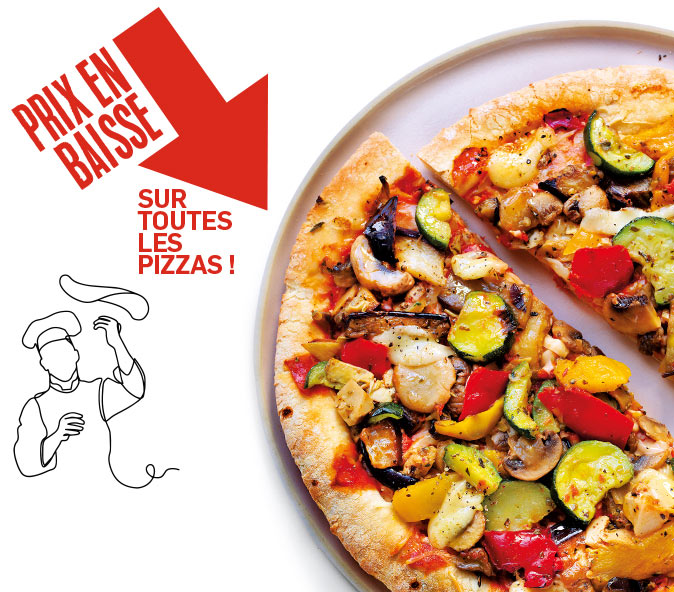 Profitez de la baisse de prix sur toutes les pizzas : margherita, royale, 4 fromages, pepperoni et bien d’autres saveurs gourmandes !