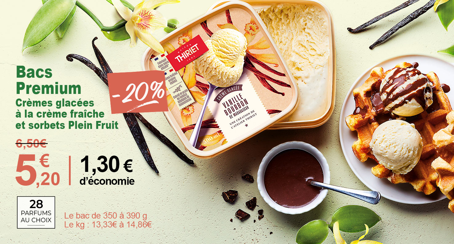 Amateurs de plaisirs glacés, craquez pour nos bacs premium de crèmes glacées et sorbets Plein Fruit : vanille, chocolat, pistache, café, caramel, framboise et bien d’autres saveurs