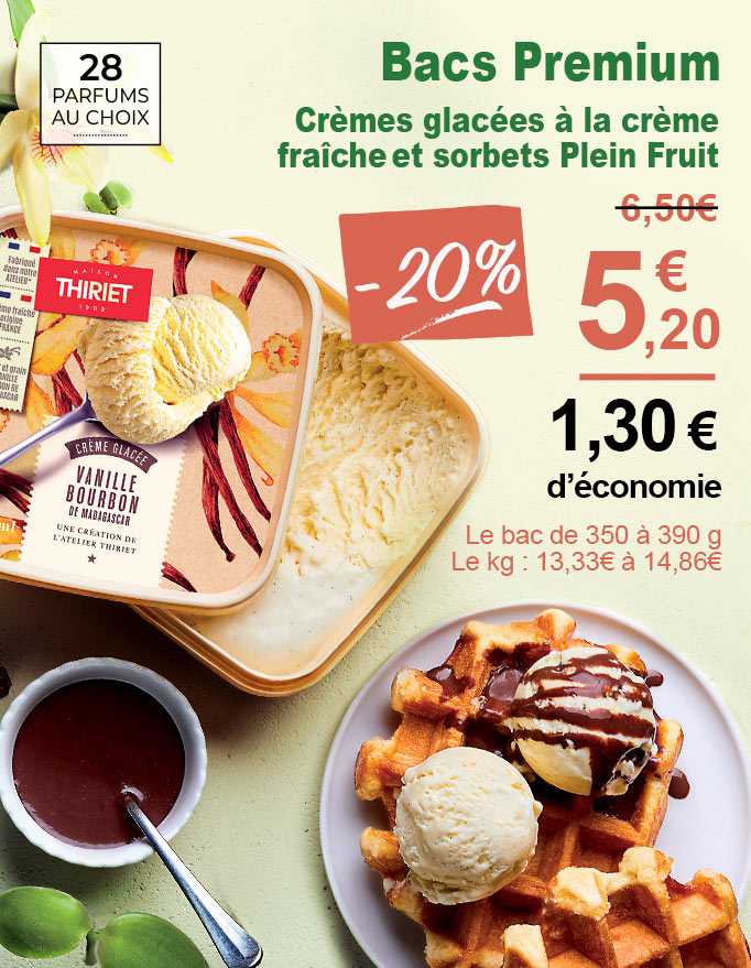 Amateurs de plaisirs glacés, craquez pour nos bacs premium de crèmes glacées et sorbets Plein Fruit : vanille, chocolat, pistache, café, caramel, framboise et bien d’autres saveurs