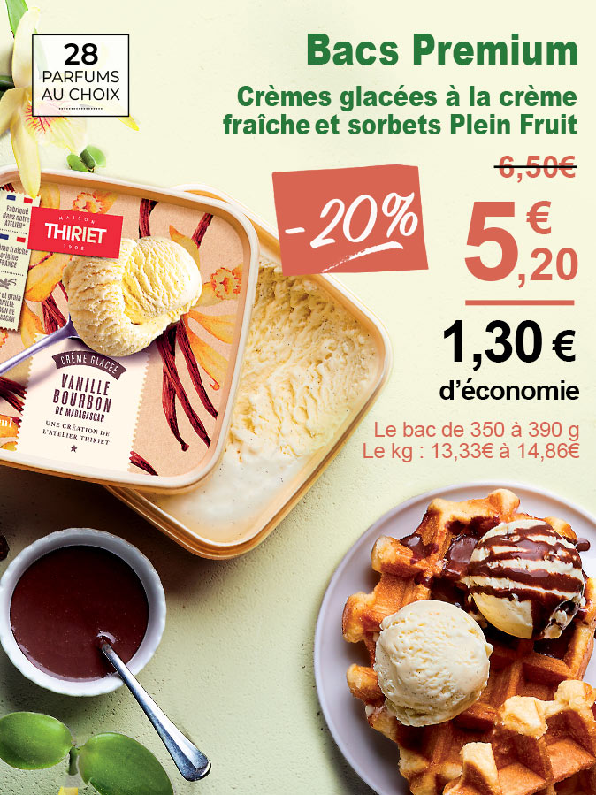 Amateurs de plaisirs glacés, craquez pour nos bacs premium de crèmes glacées et sorbets Plein Fruit : vanille, chocolat, pistache, café, caramel, framboise et bien d’autres saveurs