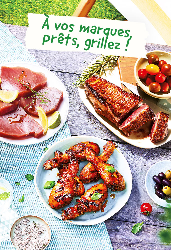 À la plancha ou au barbecue, profitez de notre sélection de viandes, poissons et légumes à griller : saumon, chipolatas, merguez, côtes de porc, gambas et bien plus encore