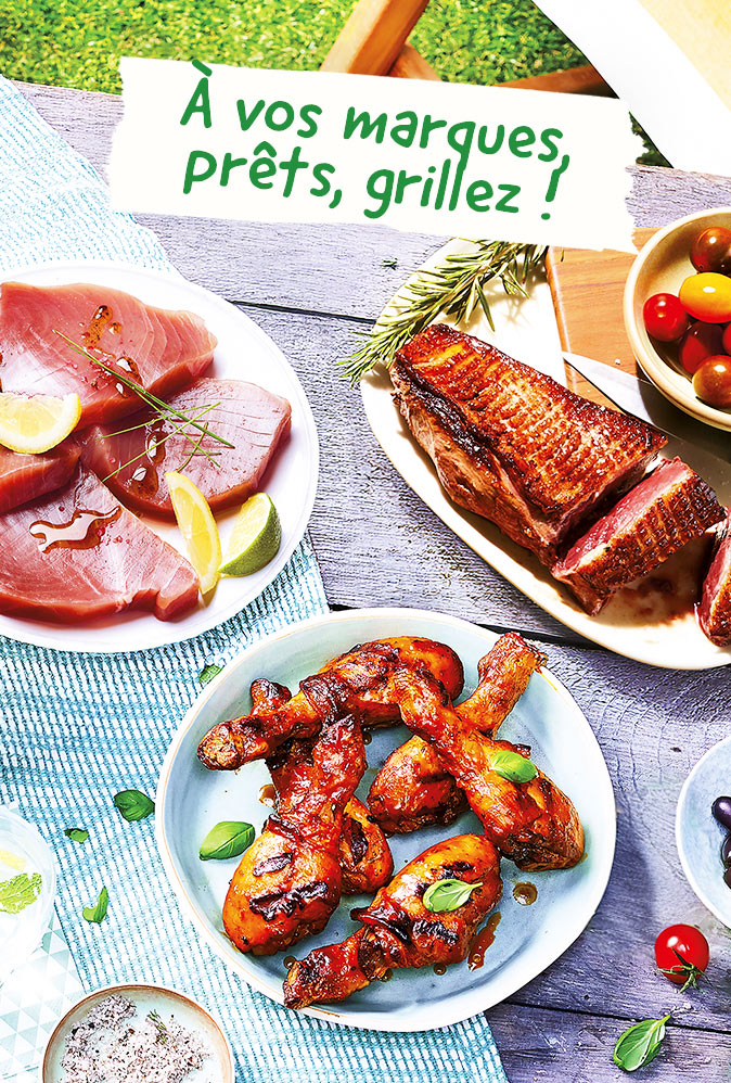 À la plancha ou au barbecue, profitez de notre sélection de viandes, poissons et légumes à griller : saumon, chipolatas, merguez, côtes de porc, gambas et bien plus encore