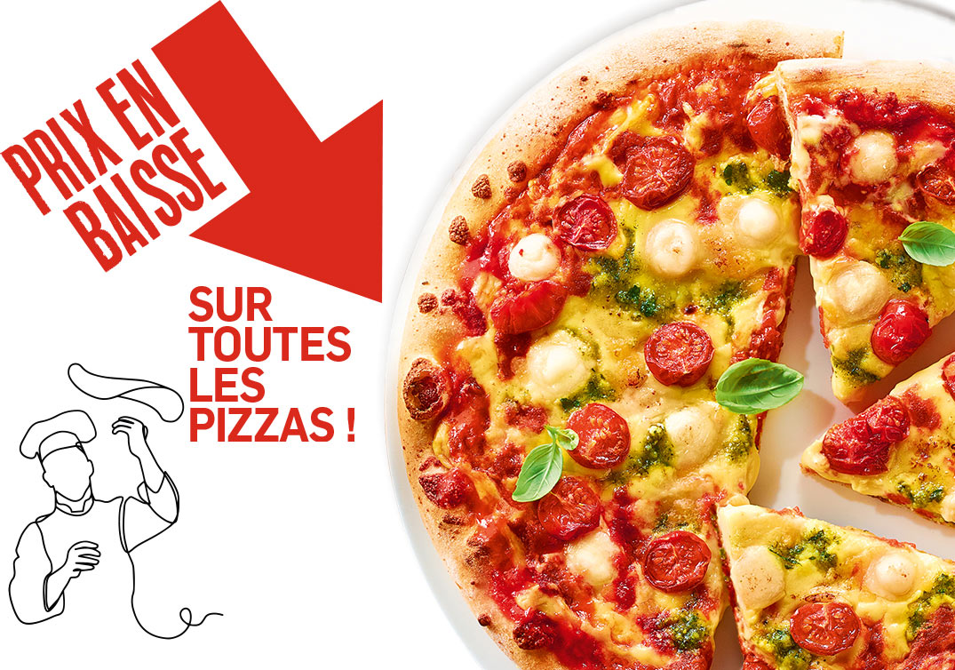 Profitez de la baisse de prix sur toutes les pizzas : margherita, royale, 4 fromages, pepperoni et bien d’autres saveurs gourmandes !