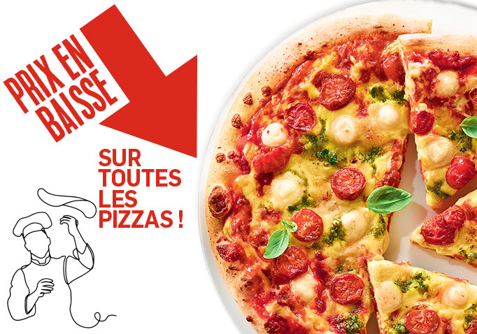 Profitez de la baisse de prix sur toutes les pizzas : margherita, royale, 4 fromages, pepperoni et bien d’autres saveurs gourmandes !