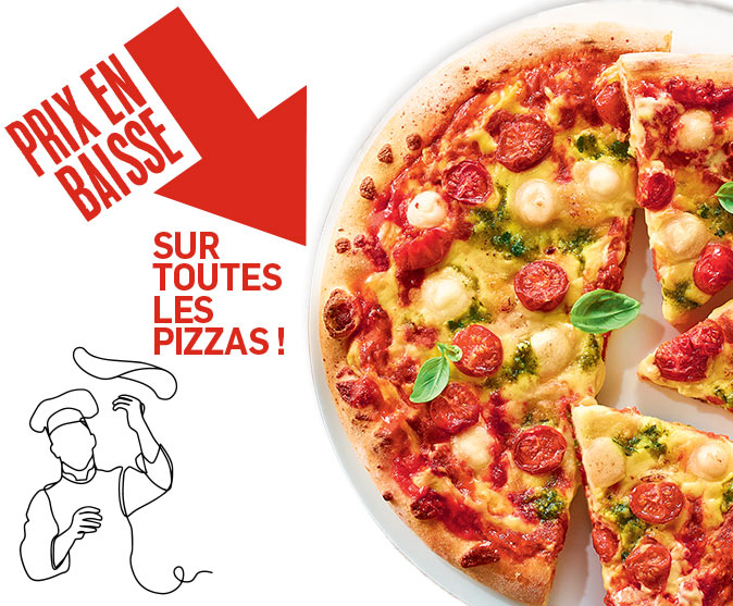 Profitez de la baisse de prix sur toutes les pizzas : margherita, royale, 4 fromages, pepperoni et bien d’autres saveurs gourmandes !