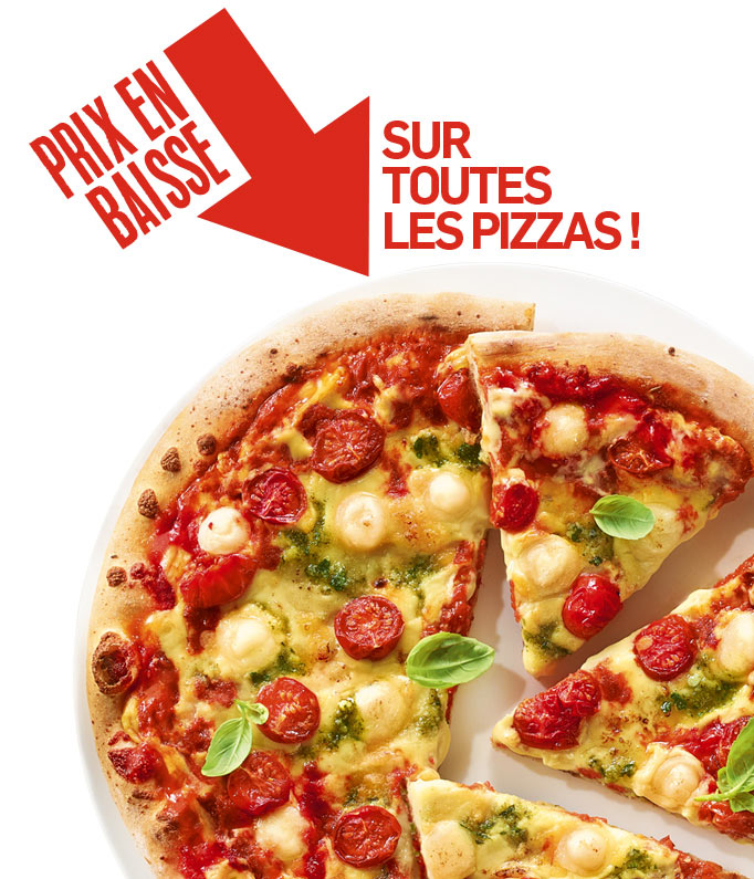 Profitez de la baisse de prix sur toutes les pizzas : margherita, royale, 4 fromages, pepperoni et bien d’autres saveurs gourmandes !