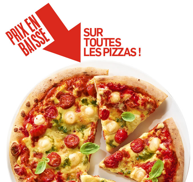 Profitez de la baisse de prix sur toutes les pizzas : margherita, royale, 4 fromages, pepperoni et bien d’autres saveurs gourmandes !